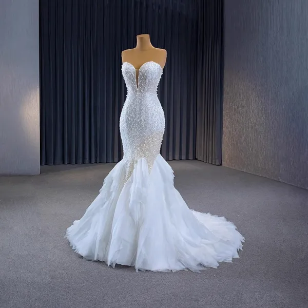 Haut de Gamme Charmant Blanche Perlage Perle Paillettes Robe De Mariée 2023 Trompette / Sirène Bustier Sans Manches Dos Nu Train De Balayage Mariage