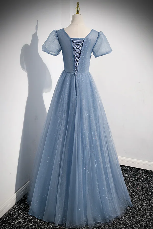 Chic / Beautiful Sky Blue Beading Sequins Prom Dresses 2022 A-Line / Princess V-Neck Puffy Short Sleeve Backless Floor-Length / Long Formal Dresses