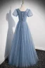 Chic / Beautiful Sky Blue Beading Sequins Prom Dresses 2022 A-Line / Princess V-Neck Puffy Short Sleeve Backless Floor-Length / Long Formal Dresses