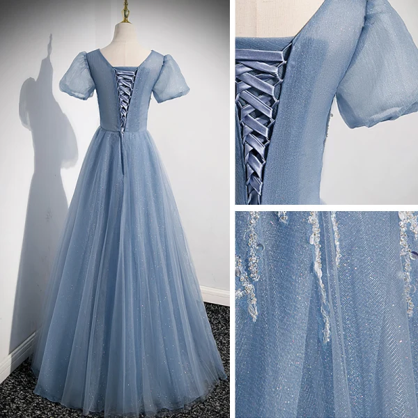 Chic / Beautiful Sky Blue Beading Sequins Prom Dresses 2022 A-Line / Princess V-Neck Puffy Short Sleeve Backless Floor-Length / Long Formal Dresses