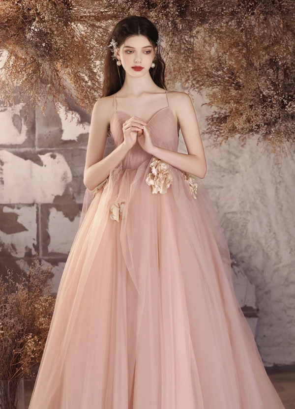 Simple Rougissant Rose Appliques Robe De Bal 2024 Princesse Bretelles Spaghetti Sans Manches Dos Nu Longue Robe De Ceremonie