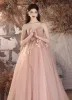 Modest / Simple Blushing Pink Appliques Prom Dresses 2024 A-Line / Princess Spaghetti Straps Sleeveless Backless Floor-Length / Long Formal Dresses