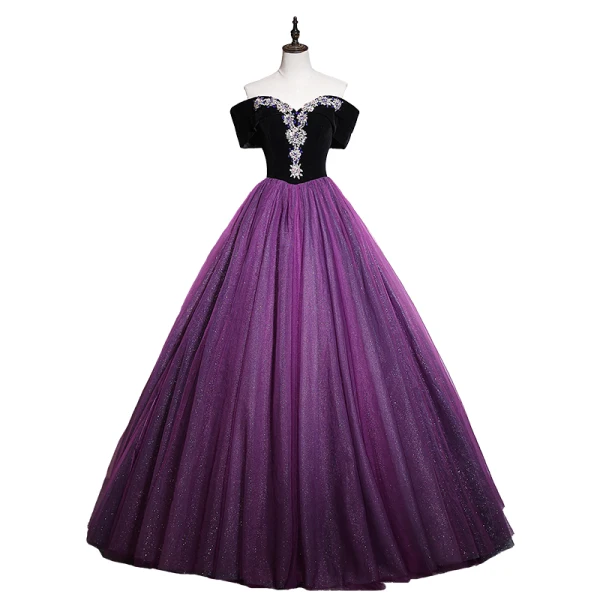 Vintage / Retro Purple Sequins Rhinestone Prom Dresses 2023 Ball Gown Off-The-Shoulder Short Sleeve Backless Floor-Length / Long Prom Formal Dresses
