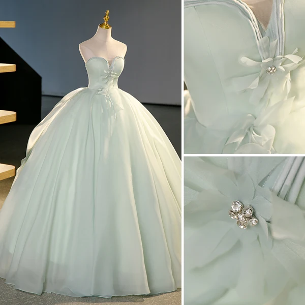 Elegant Sage Green Appliques Prom Dresses 2023 Ball Gown Strapless Sleeveless Backless Floor-Length / Long Prom Formal Dresses