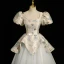 Charmant Bleu Ciel Impression Robe De Bal 2023 Robe Boule Encolure Carrée Gonflée Manches Courtes Noeud Ceinture Dos Nu Longue Promo Robe De Ceremonie