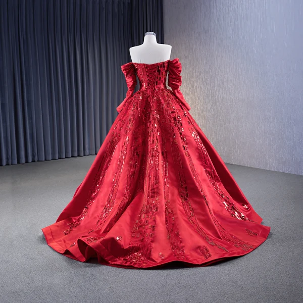 High-end Fashion Red Beading Sequins Prom Dresses 2023 Ball Gown Off-The-Shoulder 3/4 Sleeve Backless Sweep Train Formal Dresses