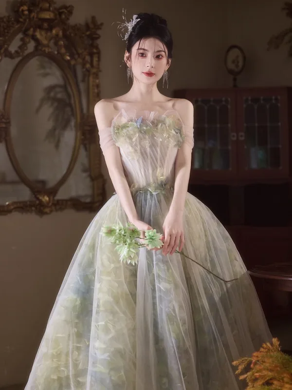 Flower Fairy Sage Green Appliques Prom Dresses 2025 A-Line / Princess Strapless Sleeveless Backless Sweep Train Prom Formal Dresses