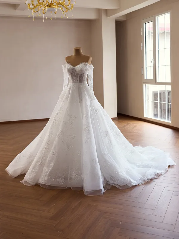 Luxus / Herrlich Weiß Handgefertigt Pailletten Spitze Blumen Brautkleider / Hochzeitskleider 2026 Ballkleid Off Shoulder Lange Ärmel Rückenfreies Kapelle-Schleppe