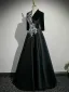 Vintage / Retro Black Sequins Lace Flower Velvet Floor-Length / Long Mother Of The Bride Dresses 2025 A-Line / Princess V-Neck 1/2 Sleeves