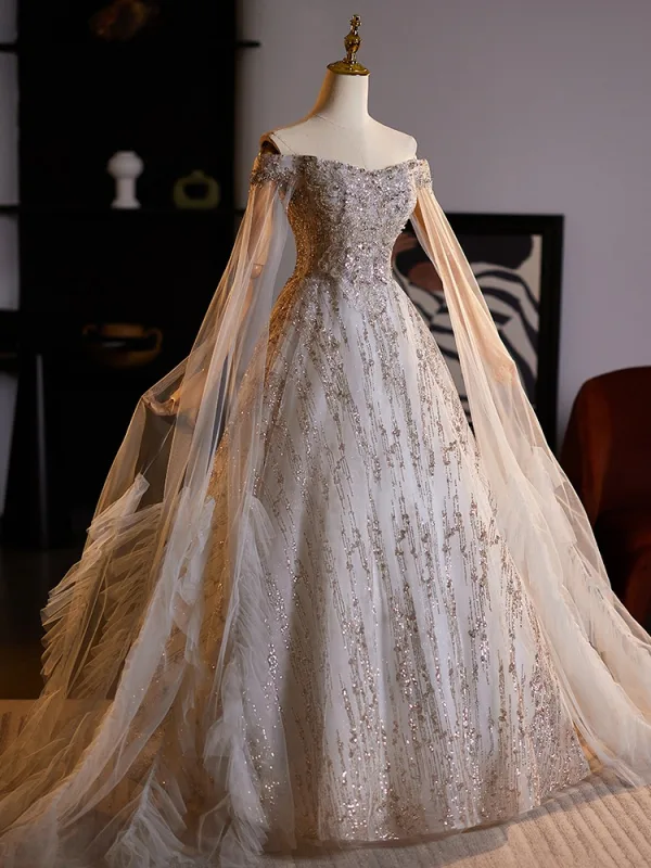 Luxury / Gorgeous Gold Beading Sequins Prom Dresses Ball Gown 2024 Off-The-Shoulder Long Sleeve Backless Floor-Length / Long Prom Formal Dresses