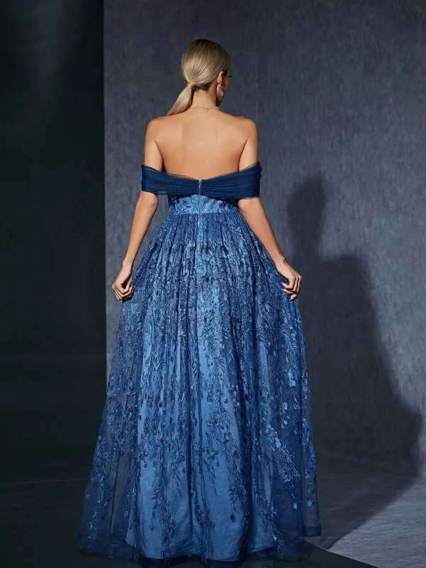 Vintage / Retro Ocean Blue Lace Flower Prom Dresses 2025 A-Line / Princess Off-The-Shoulder Sleeveless Backless Floor-Length / Long Prom Formal Dresses