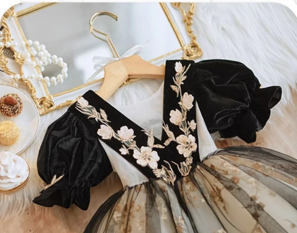 green emerald velvet dress Gratia Black Flower Girl Dress with Gold Flowers main image 1