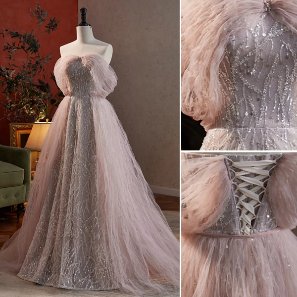 Charmant Dunkel Rosa Perlenstickerei Pailletten Abendkleider Ballkleider 2023 A Linie Off Shoulder Kurze Ärmel Rückenfreies Lange Festliche Kleider