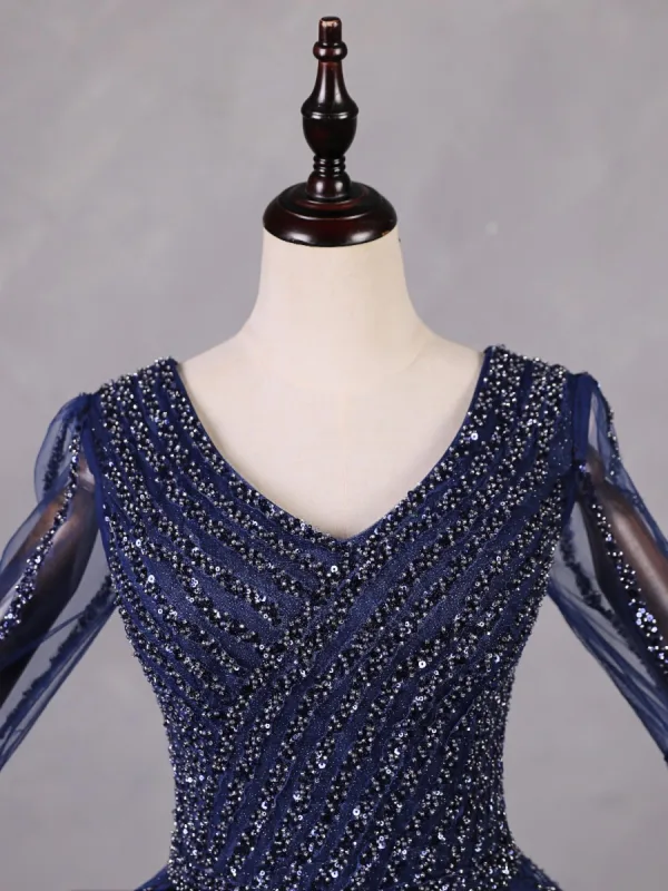 Vintage / Retro Navy Blue Beading Sequins Prom Dresses 2023 Ball Gown V-Neck Sleeveless Backless Floor-Length / Long Formal Dresses