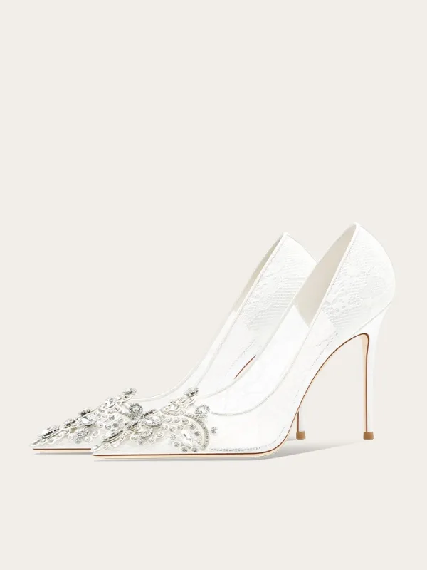 Elegante Kanten Rhinestone Witte Bruidsschoenen 2024 10 cm Naaldhakken / Stiletto Spitse Neus Huwelijk Pumps Hoge Hakken