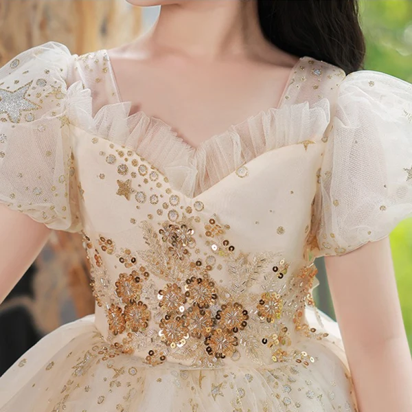 Chic / Beautiful Champagne Star Sequins Birthday Flower Girl Dresses 2023 A-Line / Princess V-Neck Puffy Short Sleeve Floor-Length / Long Flower Girl Dresses