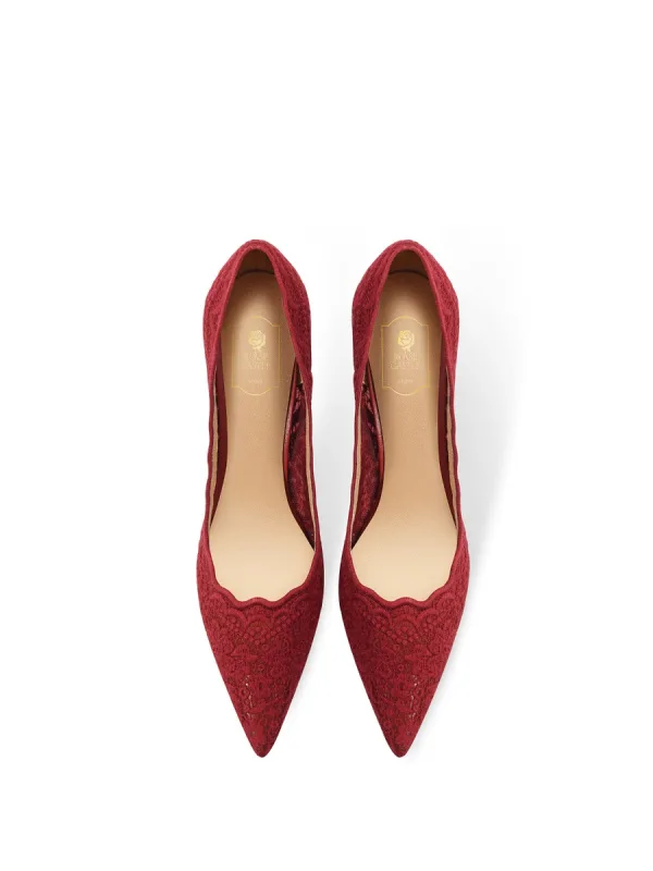 Elegant Burgundy Lace Prom Wedding Shoes 2024 Leather 8 cm Stiletto Heels Pointed Toe Pumps High Heels