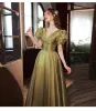Elegant Clover Green Prom Dresses 2022 A-Line / Princess V-Neck Puffy Short Sleeve Backless Floor-Length / Long Prom Formal Dresses