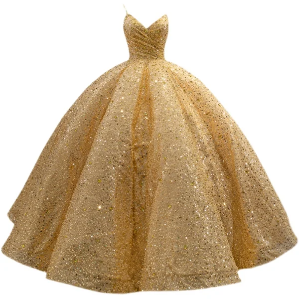High-end Gold Handmade  Beading Pearl Sequins Prom Dresses 2022 Ball Gown Spaghetti Straps Sleeveless Backless Floor-Length / Long Prom Formal Dresses