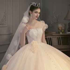 Charmant Champagne Perlage Perle Appliques Robe De Mariée 2022 Robe Boule Encolure Carrée Gonflée Manches Courtes Dos Nu Longue Mariage