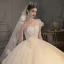 Audrey Hepburn Style Champagne Pearl Lace Flower Appliques Wedding Dresses 2022 Ball Gown Square Neckline Short Sleeve Backless Royal Train Wedding