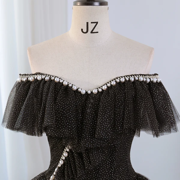 Charming Black Glitter Pearl Rhinestone Prom Dresses 2023 Ball Gown Off-The-Shoulder Sleeveless Backless Floor-Length / Long Prom Formal Dresses