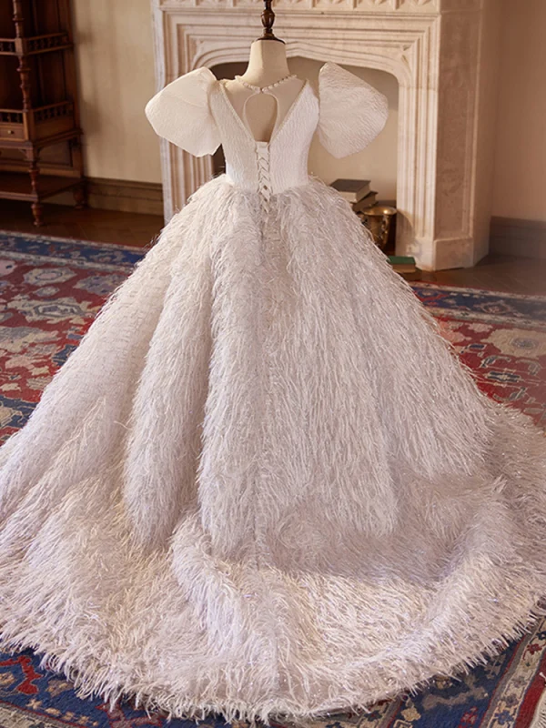Chic / Beautiful White Pearl Tassel Birthday Flower Girl Dresses 2024 Ball Gown V-Neck Puffy Short Sleeve Backless Floor-Length / Long