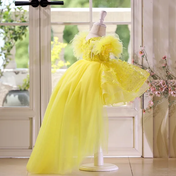 Schöne Gelb Applikationen Pailletten Quaste Schleife Kurze Geburtstag Blumenmädchenkleider 2025 Ballkleid Rundhalsausschnitt Geschwollenes Kurze Ärmel