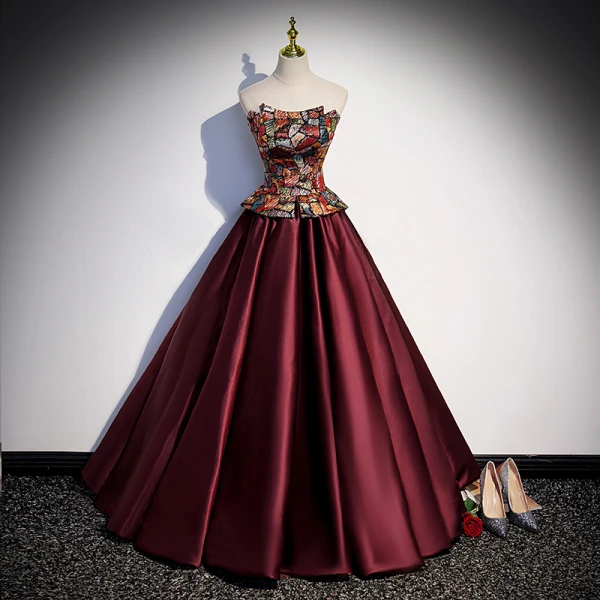 Vintage / Retro Burgundy Embroidered Formal Dresses 2022 Satin Off-The-Shoulder Puffy Short Sleeve Backless Floor-Length / Long Prom Dresses