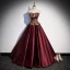 Vintage / Retro Burgundy Embroidered Formal Dresses 2022 Satin Off-The-Shoulder Puffy Short Sleeve Backless Floor-Length / Long Prom Dresses