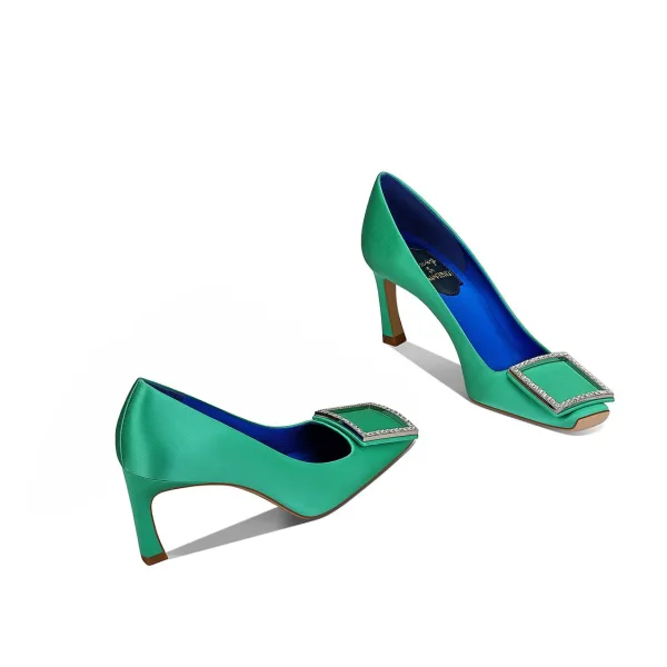 Vintage / Retro Mint Green Rhinestone Prom Pumps 2026 Leather 7 cm Stiletto Heels Square Toe Pumps High Heels