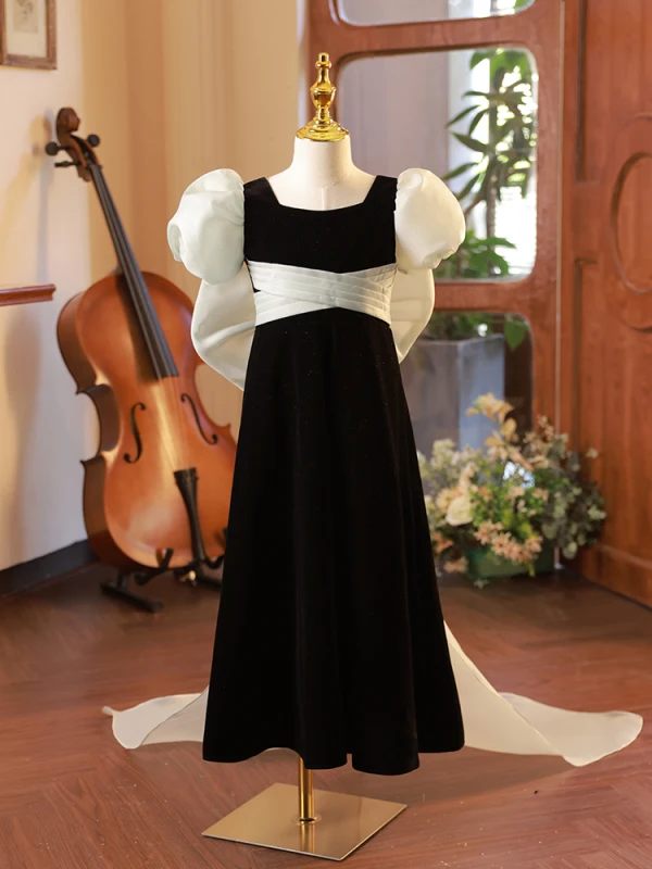 Elegant Black Birthday Flower Girl Dresses 2024 A-Line / Princess Square Neckline Puffy Short Sleeve Backless Bow Floor-Length / Long