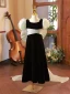 Elegant Black Birthday Flower Girl Dresses 2024 A-Line / Princess Square Neckline Puffy Short Sleeve Backless Bow Floor-Length / Long