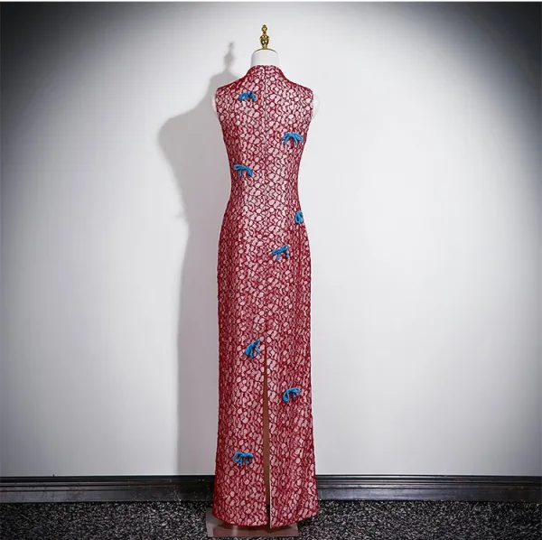 Chiński Styl Vintage Burgund Z Koronki Bal Cheongsam 2025 Syrena / Rozkloszowane Wysokiej Szyi Bez Rękawów Długie