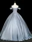 Elegant Sky Blue Lace Flower Prom Dresses 2026 Ball Gown Off-The-Shoulder Short Sleeve Backless Floor-Length / Long Formal Dresses