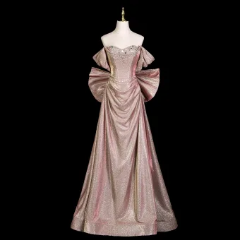 Sexy Rougissant Rose Faux Diamant Paillettes Robe De Soirée 2025 Trompette Sirène De L Épaule Manches Courtes Dos Nu Noeud Longue Robe De Ceremonie