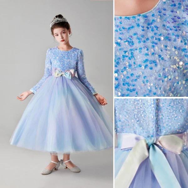 Chic / Beautiful Sky Blue Birthday Sequins Flower Girl Dresses 2023 A-Line / Princess Scoop Neck Bow Sash Long Sleeve Floor-Length / Long Flower Girl Dresses