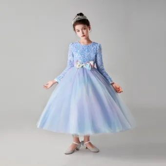 Chic Belle Bleu Ciel Anniversaire Paillettes Robe Ceremonie Fille 2023 Princesse Encolure Dégagée Noeud Ceinture Manches Longues Longue Robe Ceremonie Fille