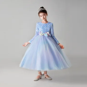 Chic Beautiful Sky Blue Birthday Sequins Flower Girl Dresses 2023 A Line Princess Scoop Neck Bow Sash Long Sleeve Floor Length Long Flower Girl Dresses