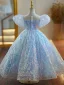 Sparkly Sky Blue Sequins Prom Flower Girl Dresses 2023 Ball Gown Scoop Neck Puffy Short Sleeve Floor-Length / Long Tulle