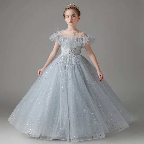 Chic / Beautiful Grey Sequins Tassel Birthday Flower Girl Dresses 2024 Ball Gown Scoop Neck Short Sleeve Backless Floor-Length / Long