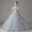 Chic / Beautiful Grey Sequins Tassel Birthday Flower Girl Dresses 2024 Ball Gown Scoop Neck Short Sleeve Backless Floor-Length / Long