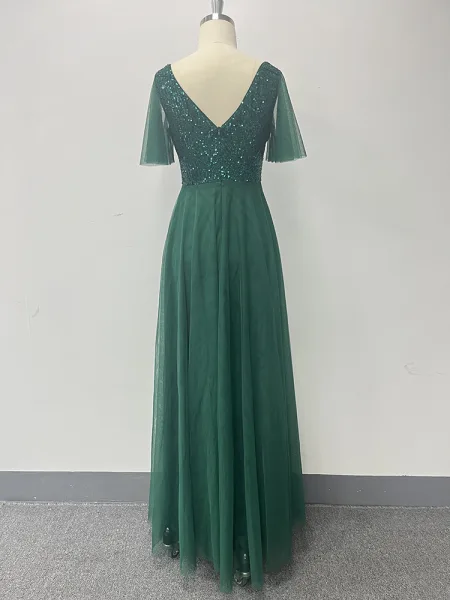 Shiny V Neck Open Back Green Sequins Prom Dresses, V Neck Green Formal Graduation Evening Dresses EP1491