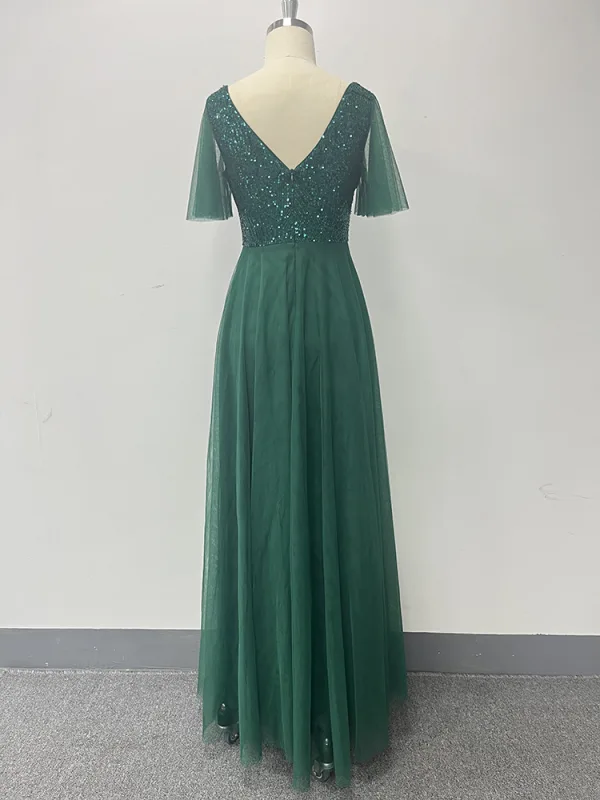 Simple Vert Foncé Paillettes Robe De Bal 2024 Princesse V-Cou Manches Courtes Dos Nu Longue Promo Robe De Ceremonie