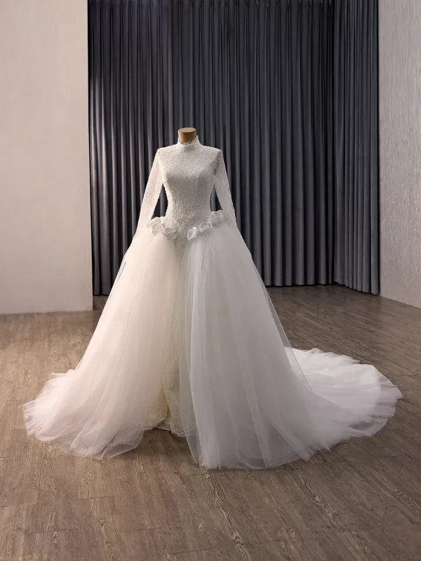 High-end Elegant White Handmade  Beading Pearl Sequins Appliques Lace Flower Wedding Dresses 2026 Trumpet / Mermaid High Neck Long Sleeve