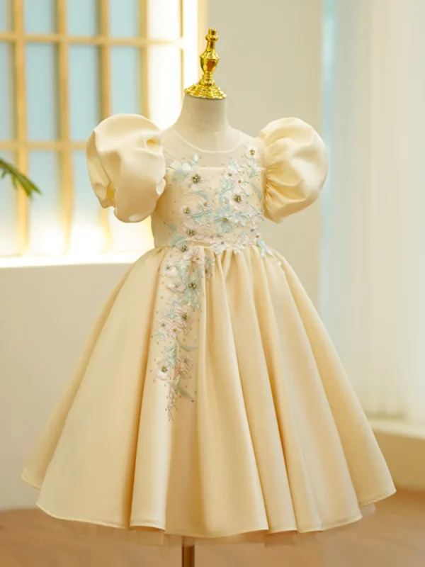 Chic / Beautiful Champagne Rhinestone Lace Flower Birthday Flower Girl Dresses 2024 Scoop Neck Puffy Short Sleeve Short
