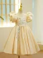 Chic / Beautiful Champagne Rhinestone Lace Flower Birthday Flower Girl Dresses 2024 Scoop Neck Puffy Short Sleeve Short