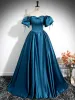 Vintage / Retro Ink Blue Satin Prom Dresses 2024 Ball Gown Off-The-Shoulder Puffy Short Sleeve Backless Floor-Length / Long Prom Formal Dresses