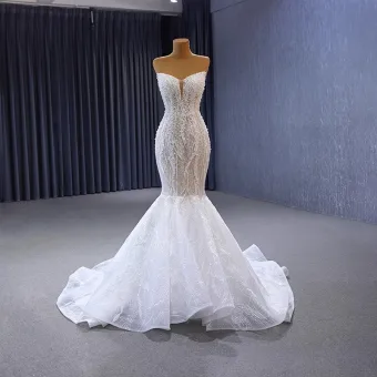 Luxury Gorgeous Sexy White Beading Pearl Glitter Wedding Dresses 2023 Trumpet Mermaid Strapless Sleeveless Backless Sweep Train Wedding