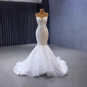Luxus Herrlich Sexy Weiß Perlenstickerei Perle Glanz Brautkleider Hochzeitskleider 2023 Meerjungfrau Bandeau Ärmellos Rückenfreies Sweep Pinsel Zug Hochzeit